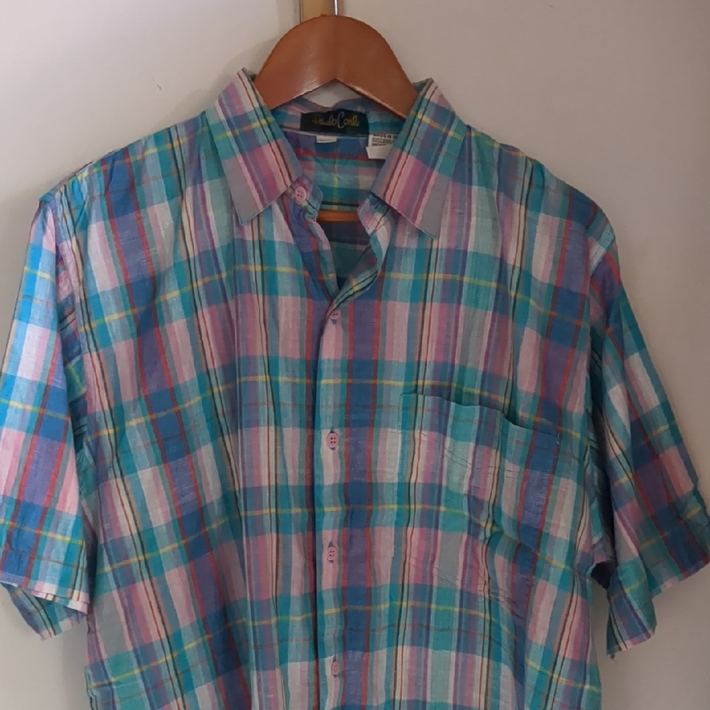 Paulo Conti Shirt Blue Pink Casual Button Down Shirt Plaid Medium